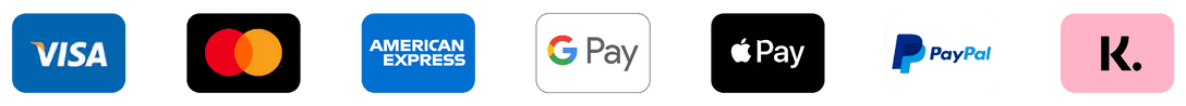 Acccepted payment methods including Visa, Mastercard, American Express, Google Pay, Apple Pay, PayPal, and Klarna.