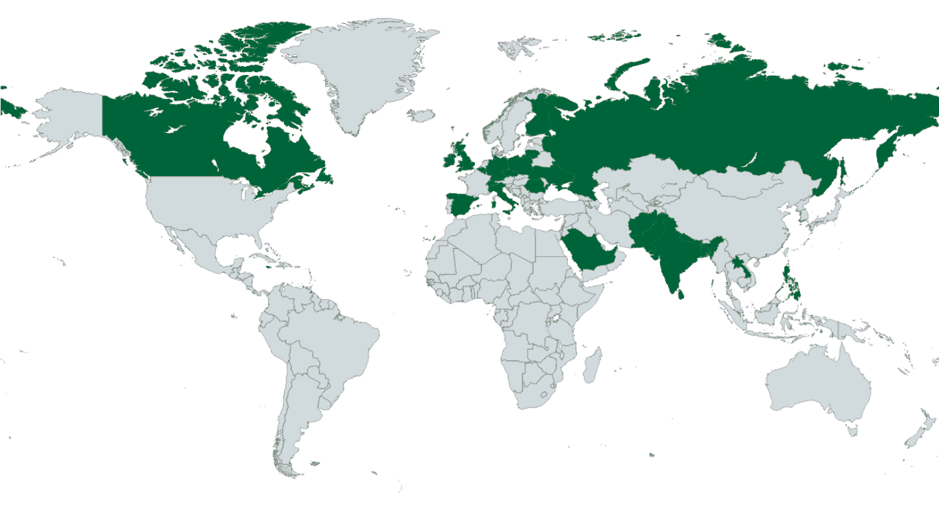 Map highlighting countries representing the origins of our workers.