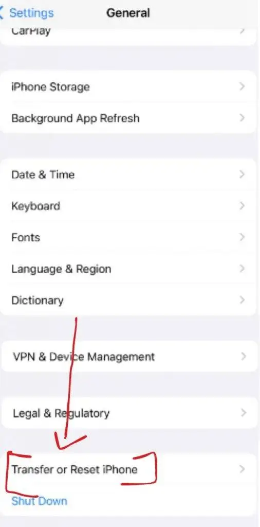 Iphone screenshot showing "transfer or reset iphone" at the bottom of the menu
