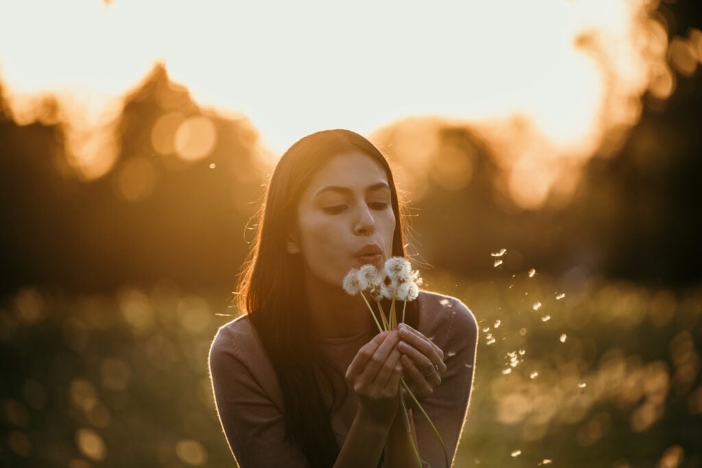 Woman blowing daffodil during golden hour
