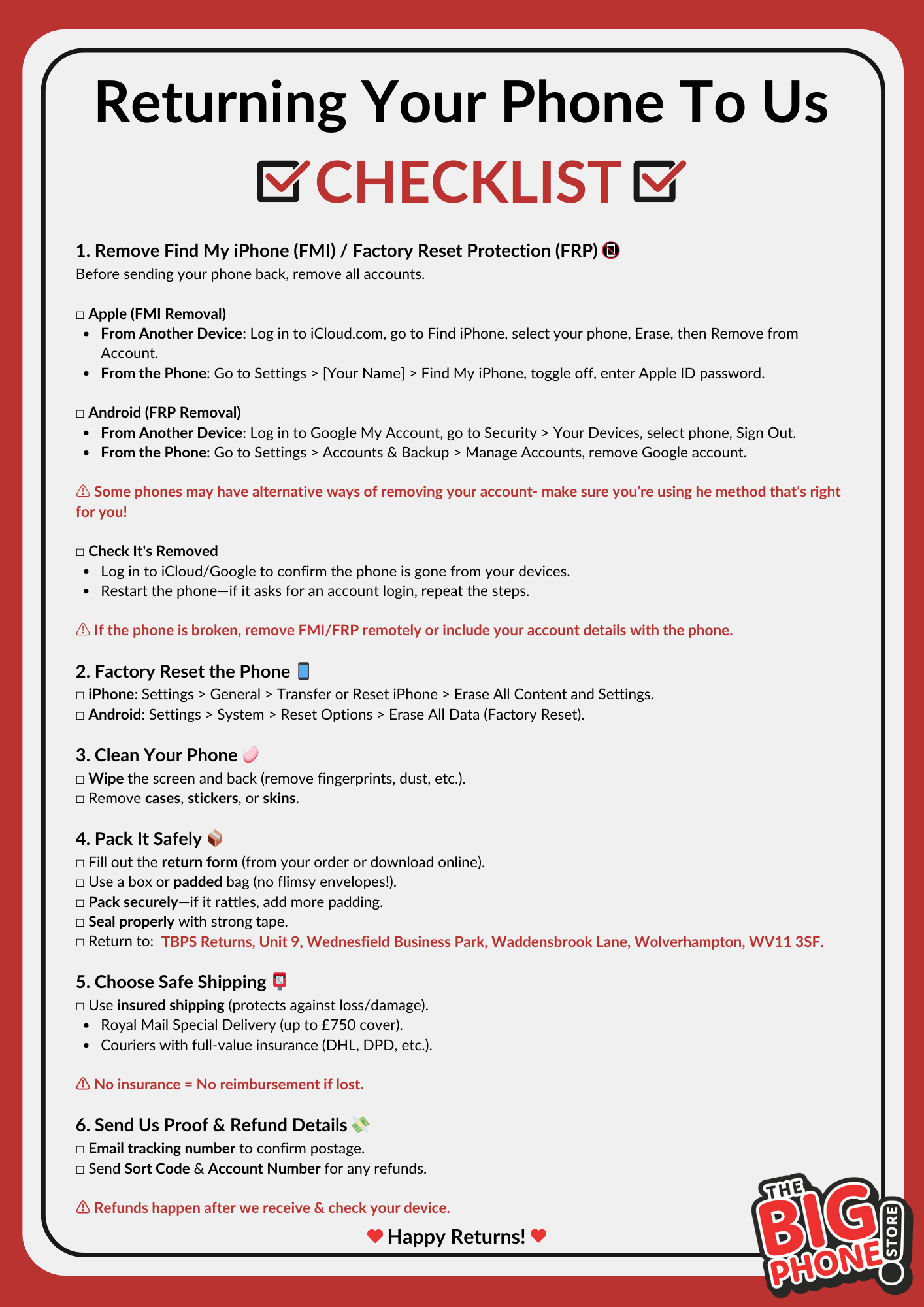Returning Your Phone To The Big Phone Store Returning your phone (checklist)