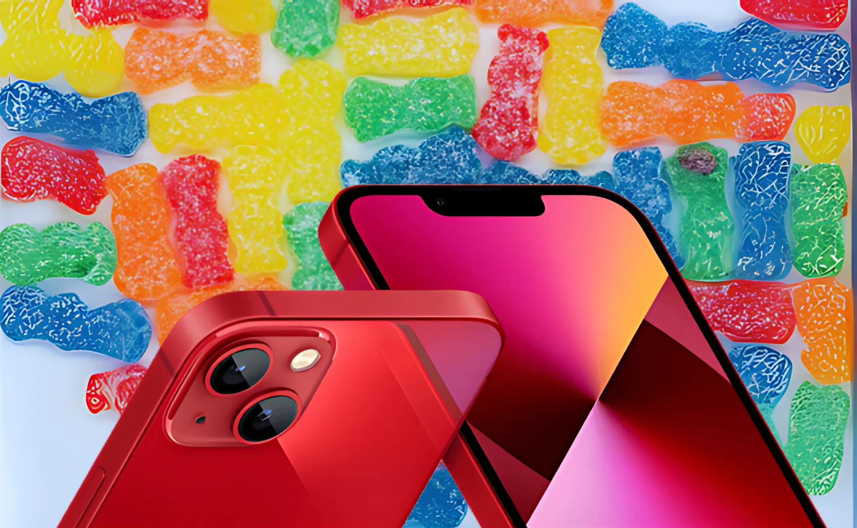 Iphone 13 mini red with sour patch kid background