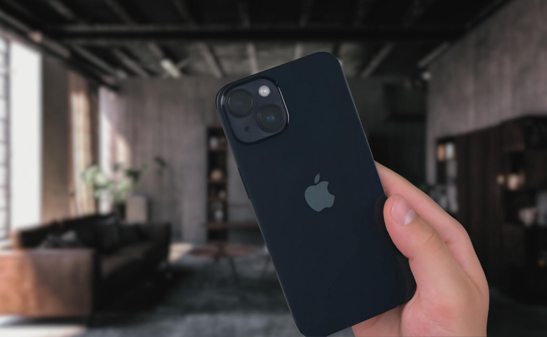 Iphone 14 midnight with dark living room background