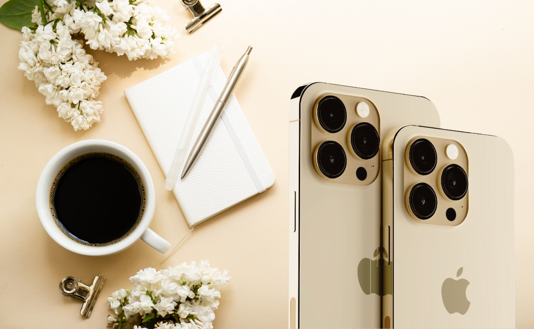 Iphone 14 pro in gold, with warm, luxury desk background