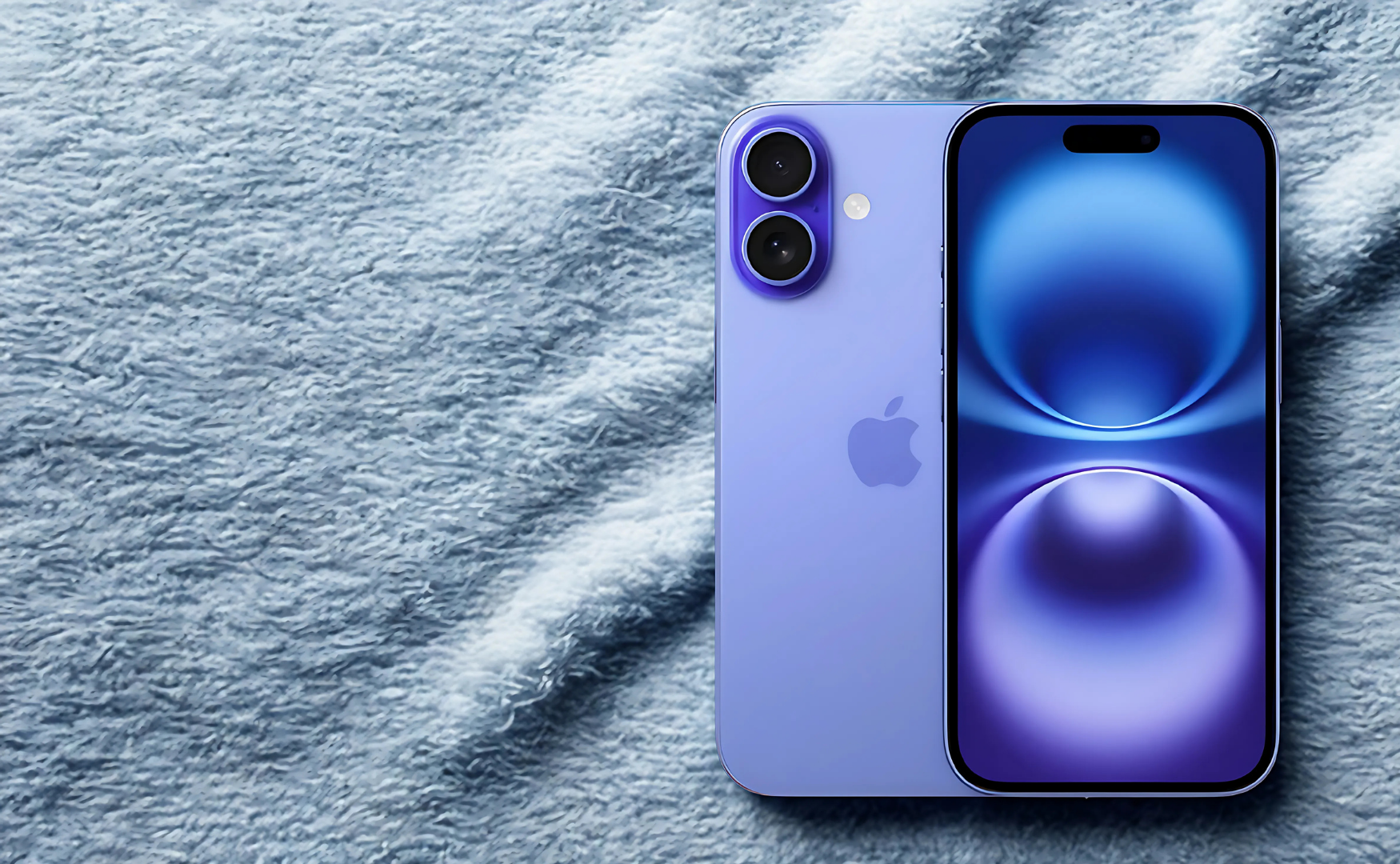 Iphone 16 ultramarine on plush blue fleece backdrop
