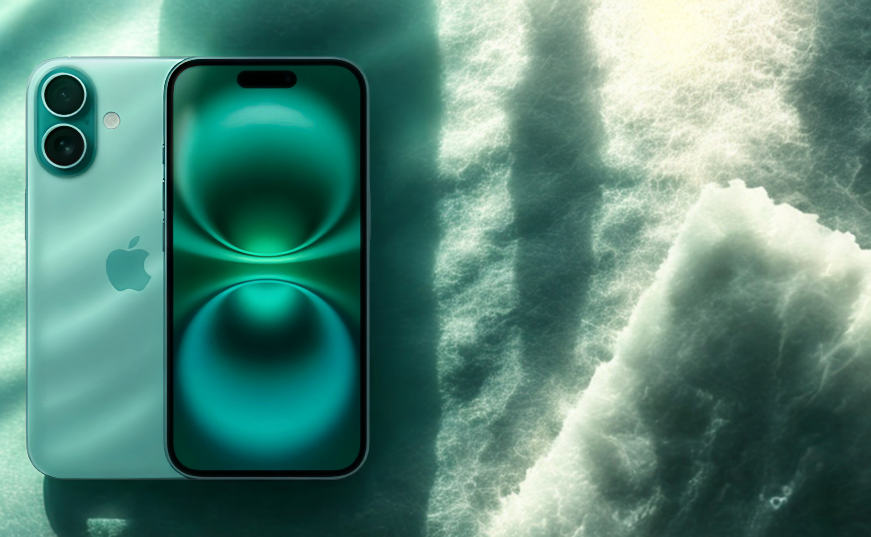 Iphone 16 in teal with green underwater background