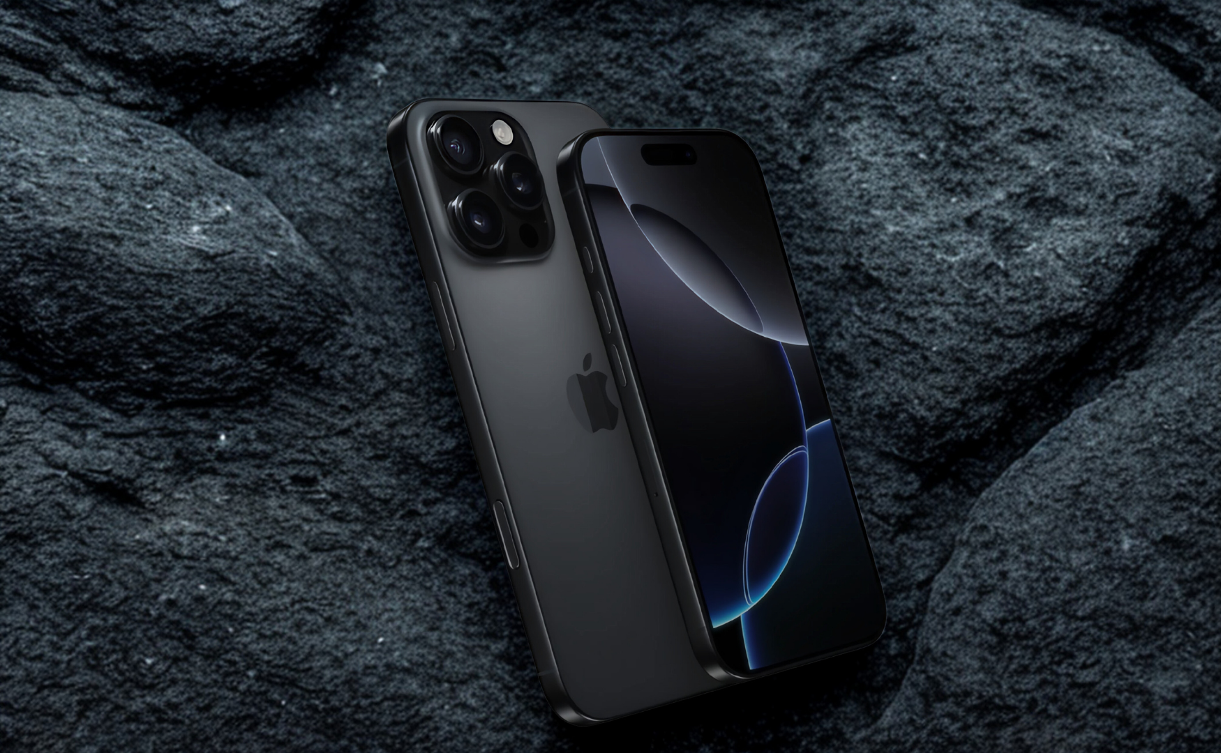 Iphone 16 pro in black titanium on a dark slate rock background