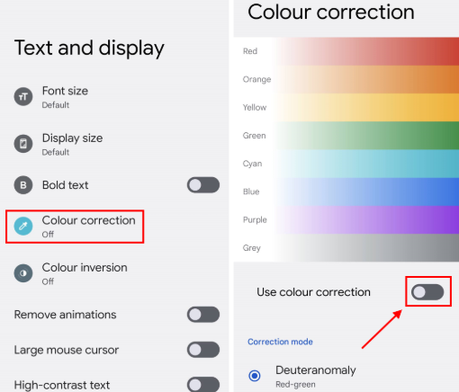 Colour adjustments on phone settings