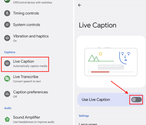 Live captions setting on android phone
